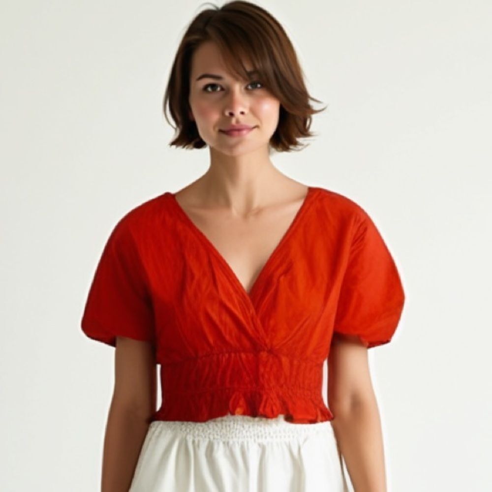 Y2K Sim & Sam Coral Shirred Waist Puff Sleeve V-Neck Crop Top - S